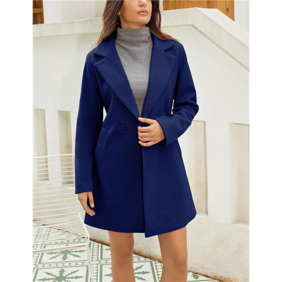 Women's Wool Pea Coat Notched Collar Double Breasted Blue
